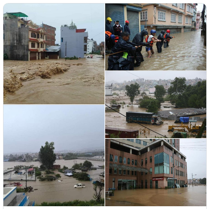 beelden van de overstroming in Nepal