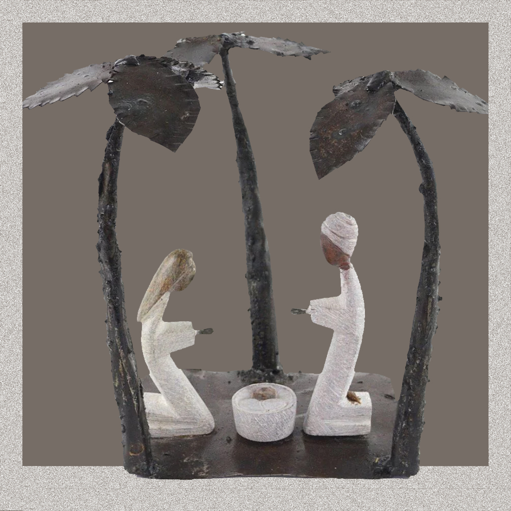 afbeelding kerstgroep van metaal en steen uit Zimbabwe