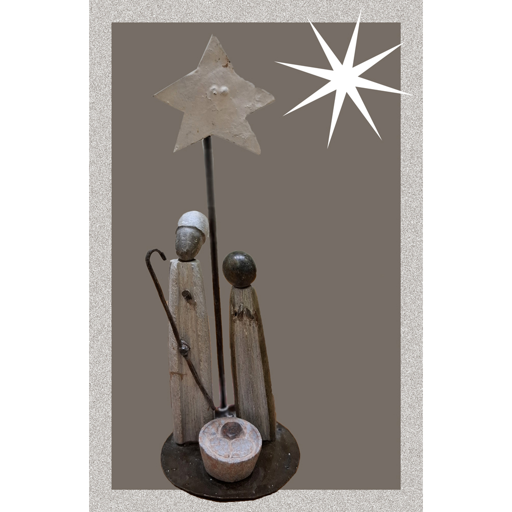 afbeelding kerstgroep van metaal en steen uit Zimbabwe