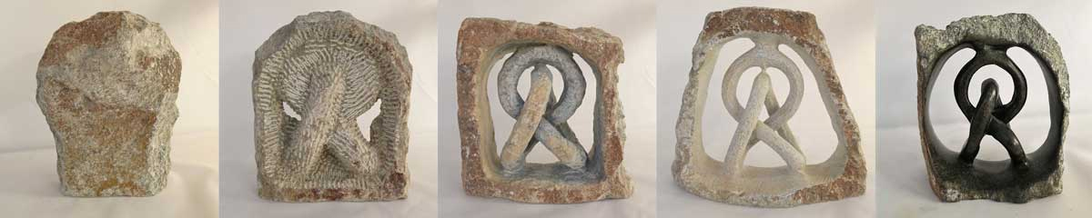 Afbeelding 5 stadia in de totstandkoming van zo'n beeld.